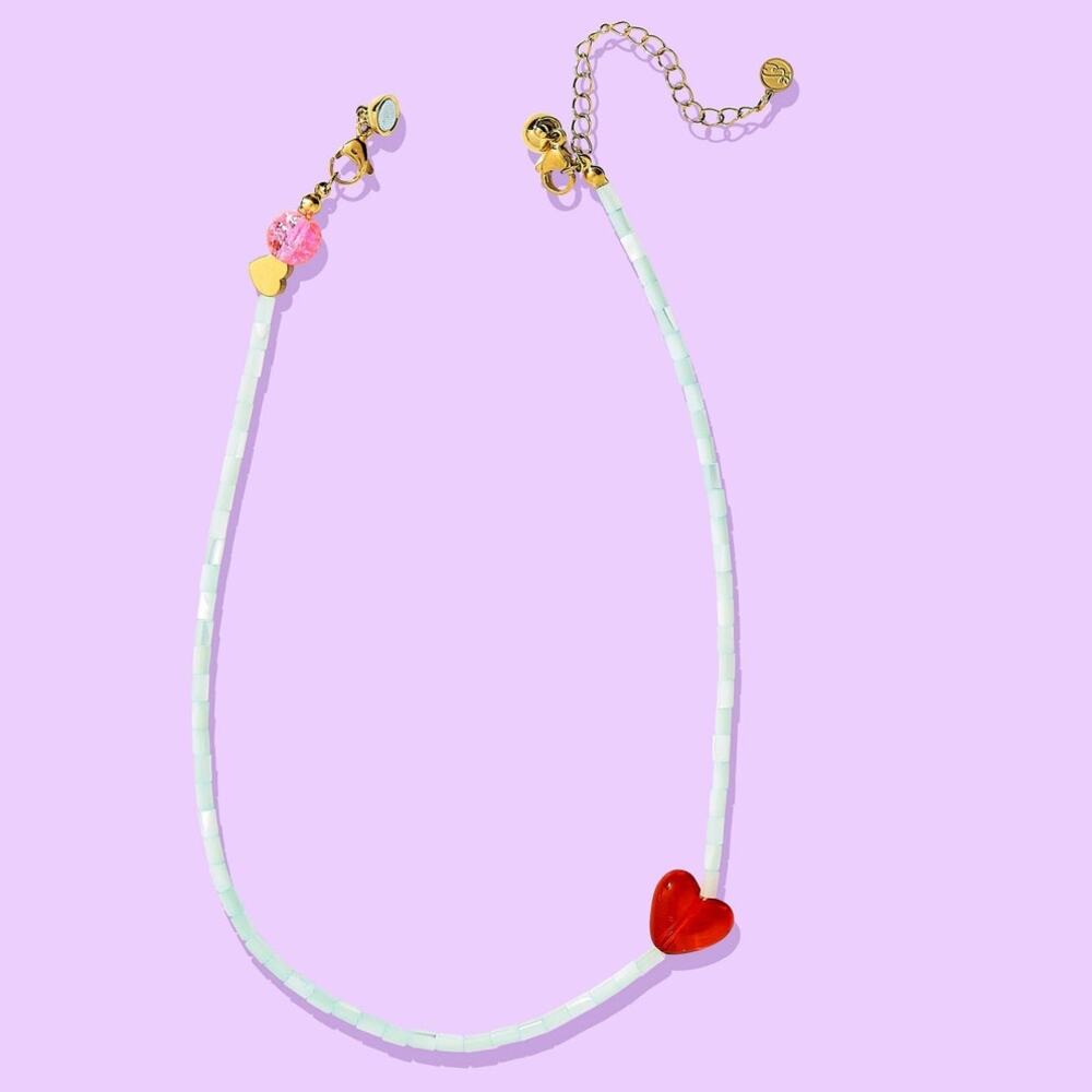 Blue Shell Bead Necklace Red Glass Heart Charm Amore